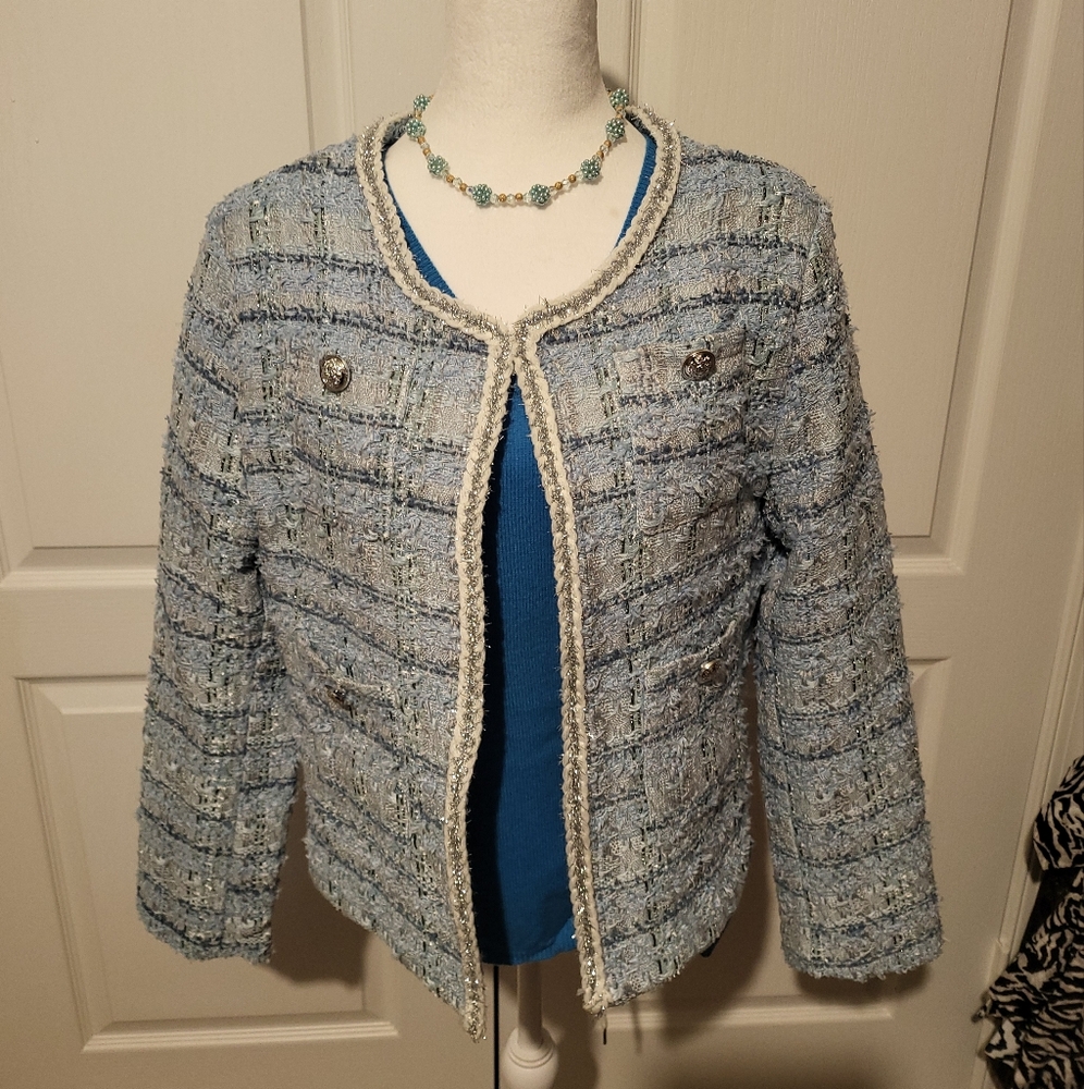 26: Chanel Vibes Blazer: NWOT Tweed with Silver Buttons: p2p: 18in Length: 22in